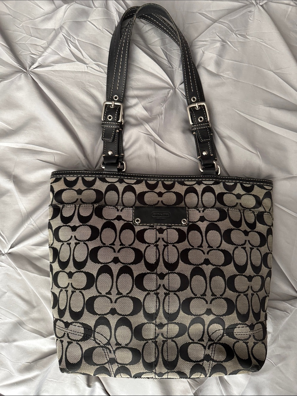 Coach - F13077 - Black and Tan Signature Tote - 3x9.5x11